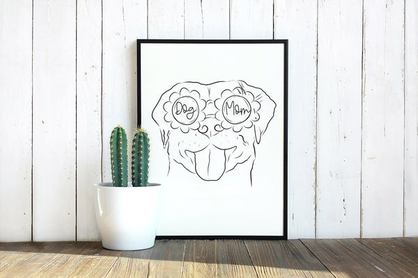 Custom Full Face Pet Portrait with Dog Mom Flower Glasses Wall Art Print - Labrador Retriever Lab