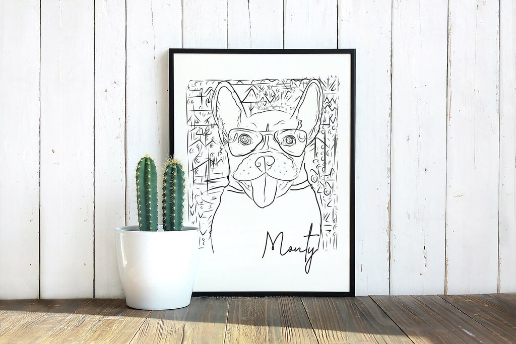 Custom Full Face Pet Portrait with Pattern Wall Art Print - Frenchie French Bulldog