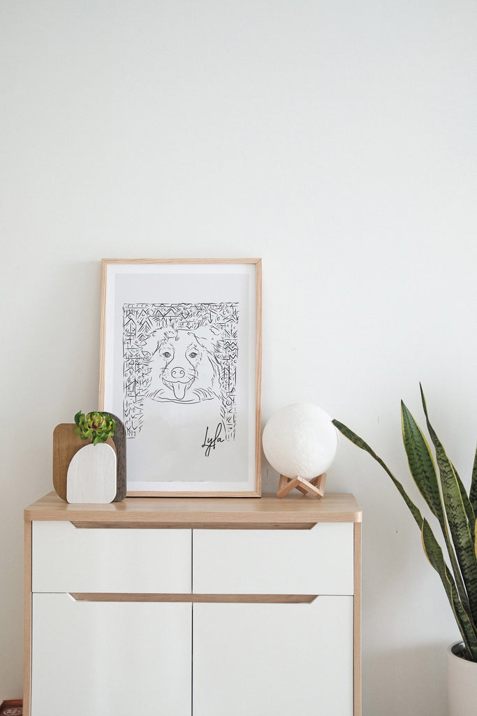 Custom Full Face Pet Portrait with Pattern Wall Art Print - Aussie Australian Shepherd