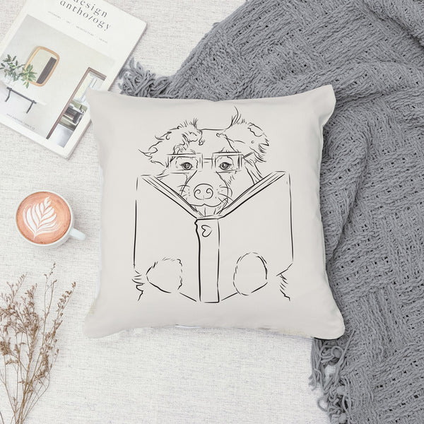 Full Face Pet Portrait with Book Dog, Cat, or Other Pet Outline 18" x 18" Pillow or Pillow Cover