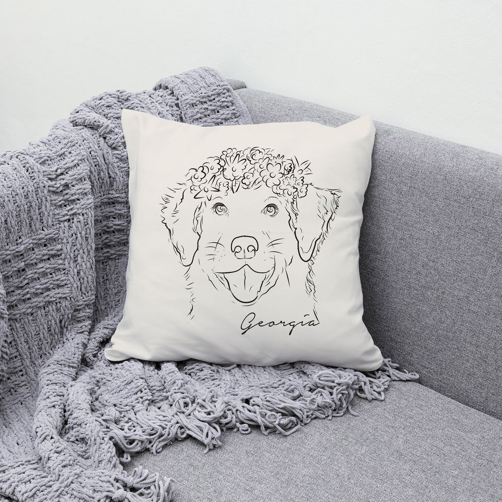 Full Face Pet Portrait with Flower Crown Dog, Cat, or Other Pet Outline 18" x 18" Pillow or Pillow Cover