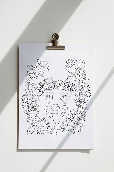 Custom Full Face Pet Portrait with Flower Crown Floral Motif Wall Art Print