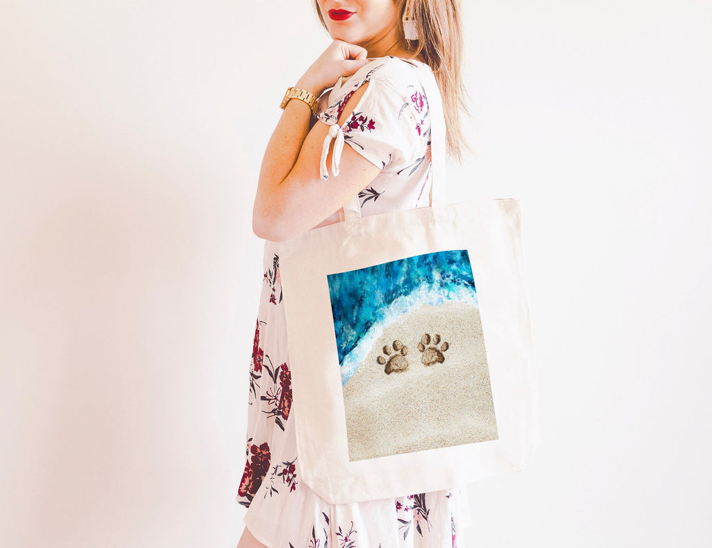 Custom Paw Prints in the Sand With Wave Personalized Beach Tote