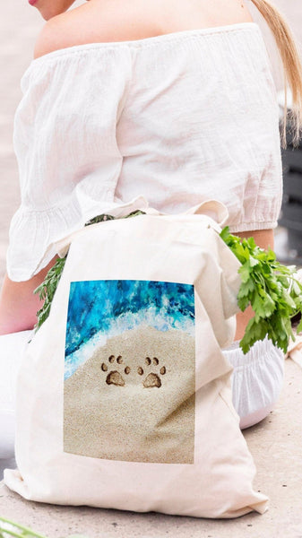 Custom Paw Prints in the Sand With Wave Personalized Beach Tote