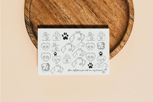 Two Sheets of Assorted Custom Memorial Temporary Tattoos 5.5" x 8.5" with Halos, Paw Print Impressions, Snoot Prints, etc.