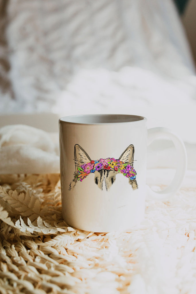 Custom Full Color Flower Crown Dog, Cat, or Other Pet Ears Coffee Mug Cup with Minimalist Cat Ears