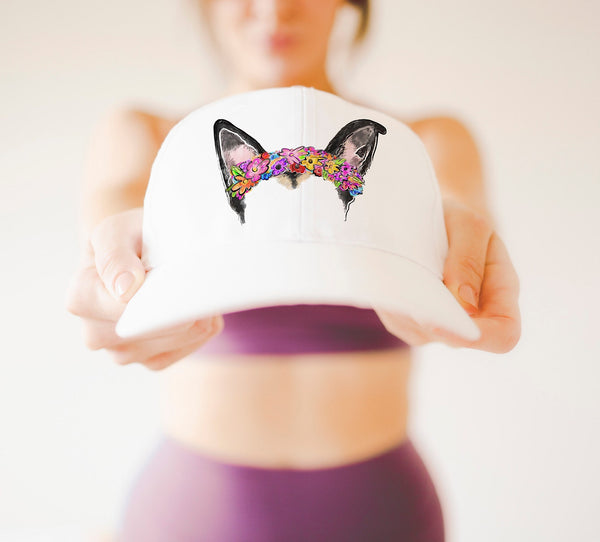 Custom Full Color Dog or Cat Other Pet's Tattoo Inspired Mom Baseball Hat with Dog Ears Wearing Flower Crown