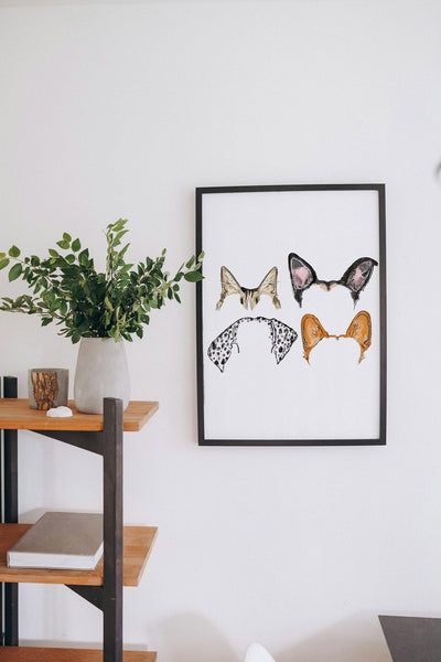 Custom Full Color Dog, or Other Pet's Ears Outline Tattoo Inspired Wall Art with Four Pets