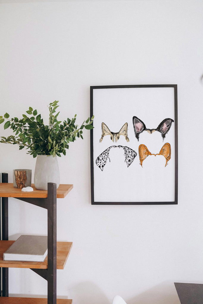 Custom Full Color Dog, or Other Pet's Ears Outline Tattoo Inspired Wall Art with Four Pets