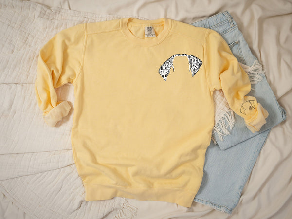 Custom Comfort Colors Full Color Cat or Dog Ears Sleeve Sweatshirt in Yellow with Dalmatian