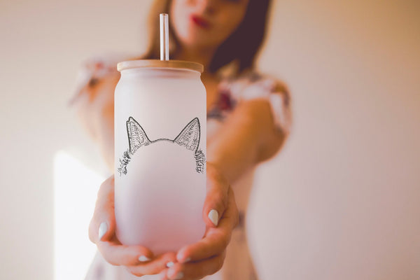 Custom Faux Embroidered Animal Ears 16 oz or 20 Oz Can Cup with Cat Ears