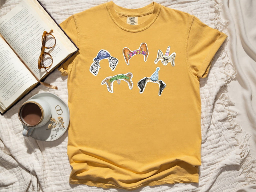 Comfort Colors Custom Faux Stickers Pet Ears Mustard Yellow T-Shirt with Dalmatian, Corgi, Cat, Aussie, and Mastiff