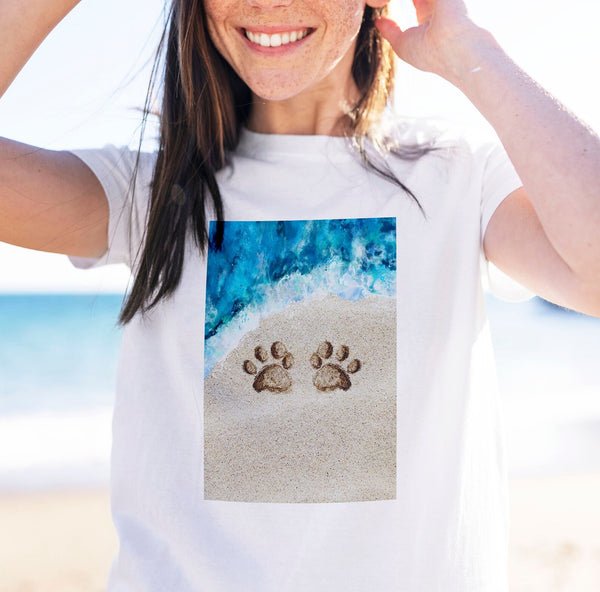 Customized Paw Prints in the Sand with Waves T-Shirt Beach Vacation T-Shirt