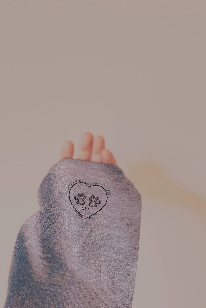 Custom Paw Print Impression with Name Dog or Cat Sleeve Sweatshirt in Light Grey Heather Bella + Canvas