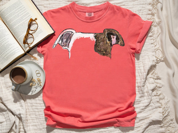 Now in Color! - Comfort Colors Personalized Cat or Dog Ears Unisex Bright Coral Reddish Pink Tee with Brown and White Dog