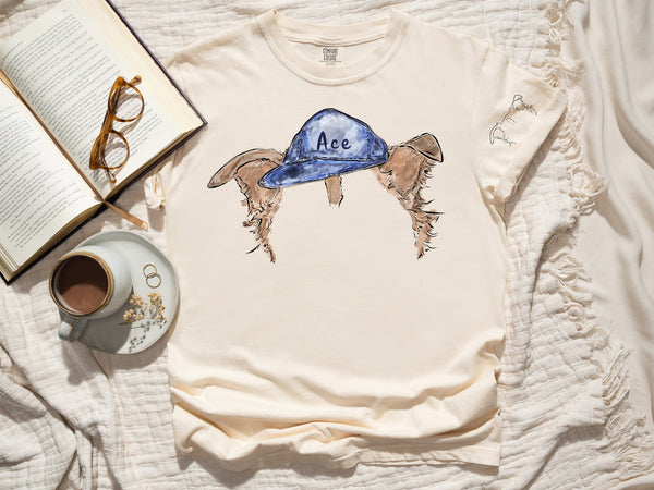 Now in Color! - Comfort Colors Painted Pet Portrait Unisex Custom Cream Off-White Tan Tee with Dog Wearing Hat