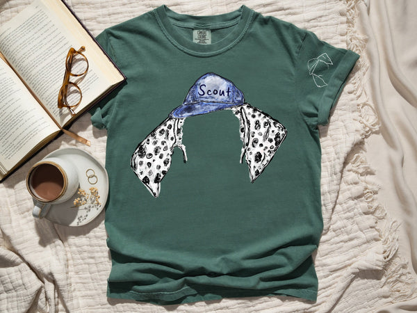 Now in Color! - Comfort Colors Painted Pet Portrait Unisex Custom Dark Green Tee with Dalmation Wearing Baseball Cap Hat
