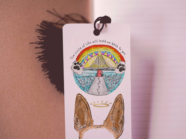 Custom Full Color Rainbow Bridge Cat, Dog, or Other Pet Ears Bookmark with Halo Dog