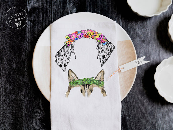 Custom Full Color Dog, Cat, or Other Pet Ears Tea Towel with Dalmatian and Cat