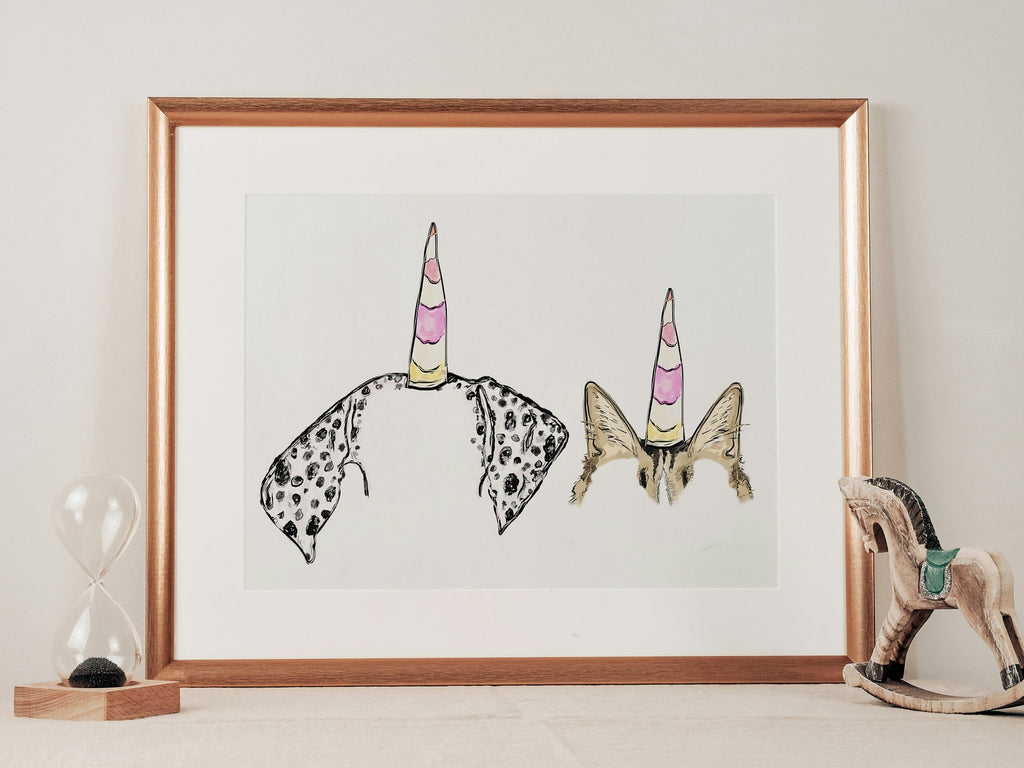 Custom Full Color Dog, or Other Pet's Ears Outline Tattoo Inspired Wall Art with Dalmatian and Cat Ears Wearing Unicorn Horns