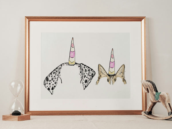 Custom Full Color Dog, or Other Pet's Ears Outline Tattoo Inspired Wall Art with Dalmatian and Cat Ears Wearing Unicorn Horns