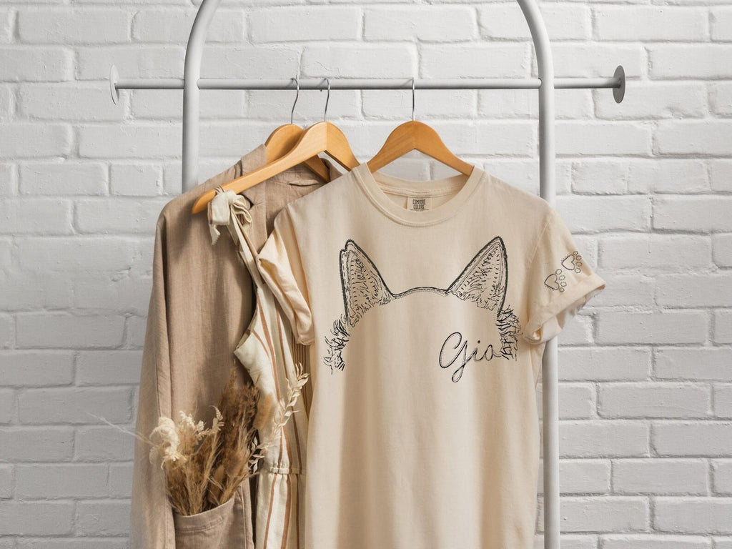 Comfort Colors Faux Embroidery Personalized Pet Ears T-Shirt in Tan with Cat Ears