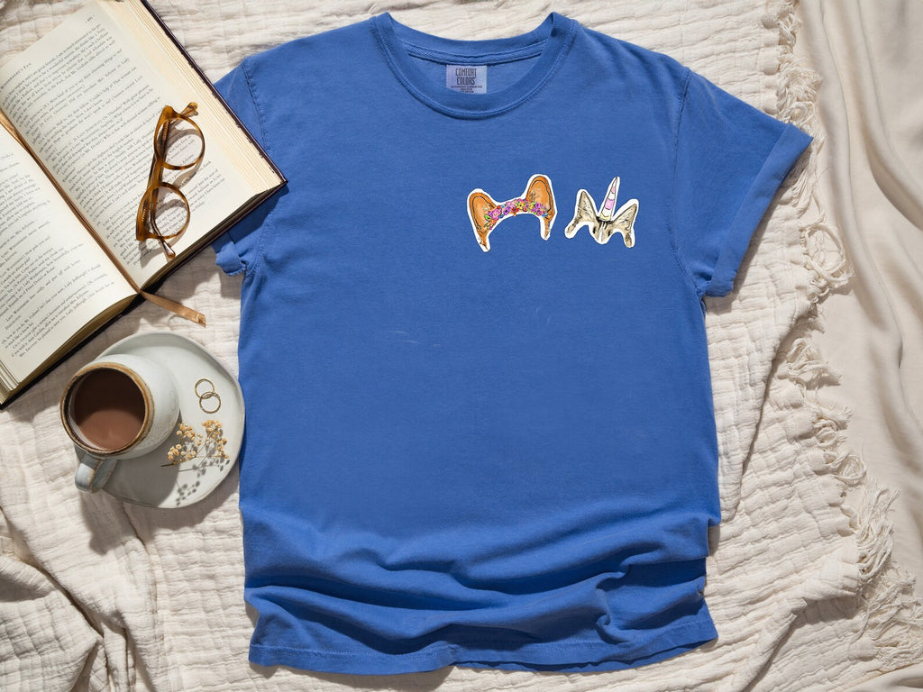 Comfort Colors Custom Faux Stickers Pet Ears Cobalt Blue T-Shirt with Corgi and Cat