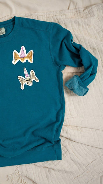 Custom Comfort Colors Faux Stickers Custom Pet Ears Sweatshirt Aqua Blue Top with Two Cats