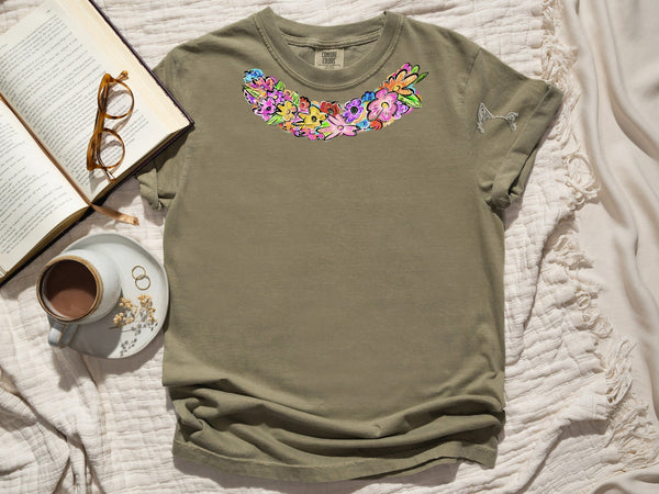 Comfort Colors Flower Crown with Faux Embroidered Dog, Cat, or Other Pet Ears Sleeve T-Shirt in Military Army Green