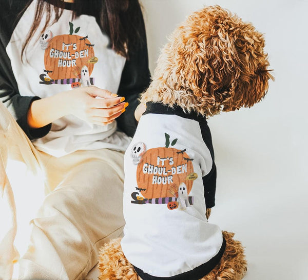 It's Ghoul-den Hour Halloween Human Dog Matching Raglan Set in Black and White