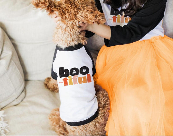 Boo-tiful or Boo-tilicious Halloween Dog Raglan Single or Set in Black and White