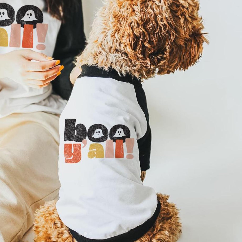 Boo Y'all or Too Cute to Spook Halloween Pet Raglan Single or Set - Worn by Goldendoodle