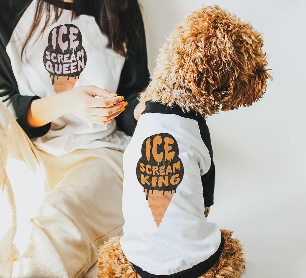 Ice Scream Queen or Ice Scream King Halloween Pun Human Dog Matching Raglan Set in Black and White