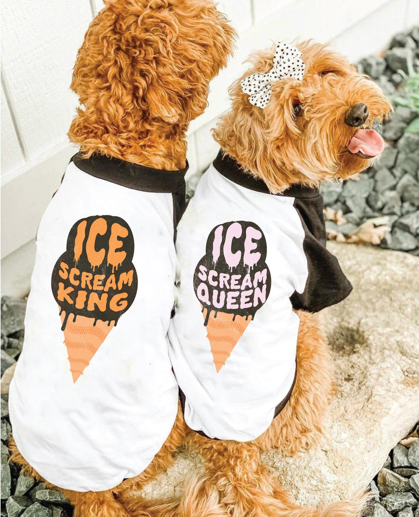 Ice Scream Queen or Ice Scream King Halloween Pun Dog Matching Raglans Set in Black and White 