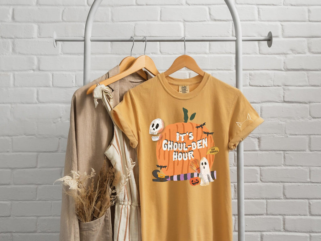 It's Ghoul-den Hour Unisex T-Shirt With Optional Custom Pet Ears in Mustard Color