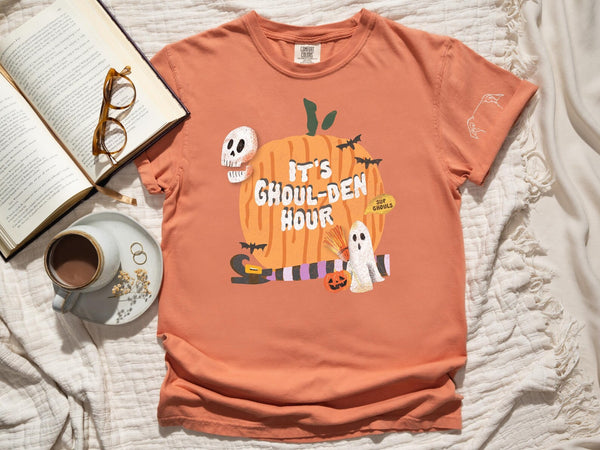 It's Ghoul-den Hour Unisex T-Shirt With Optional Custom Pet Ears in Pumpkin Color