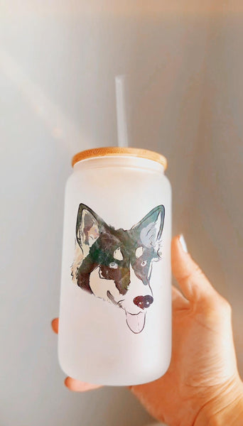 Customized Full Color Full Face Portrait 16 oz, 20 Oz, or 25 oz Can Cup with Aussie Dog