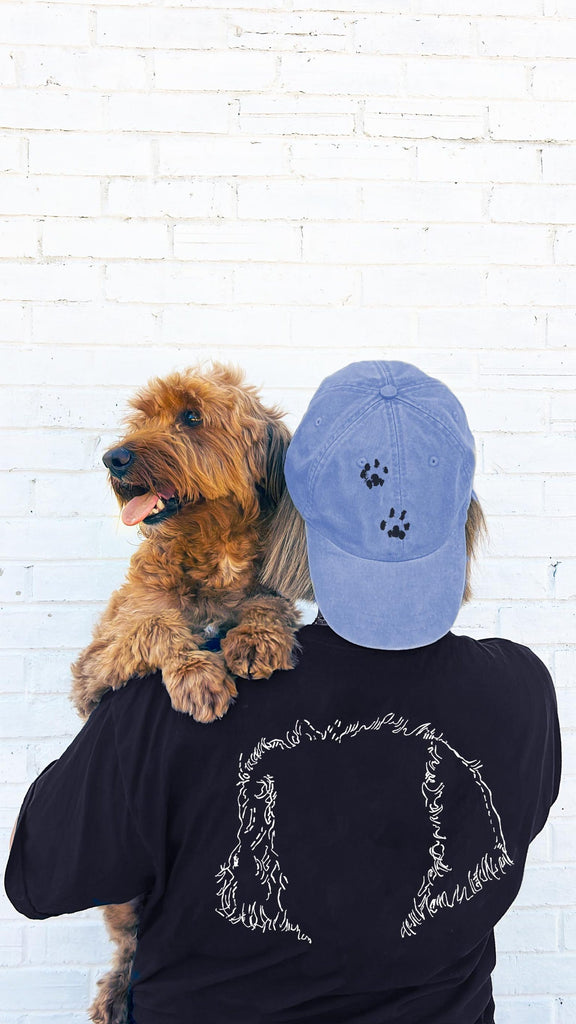 9 Colors! Custom Dog or Cat Other Pet's Paw or Snoot Print Baseball Hat in Denim Blue with Dog Ears Faux Embroidered T-Shirt