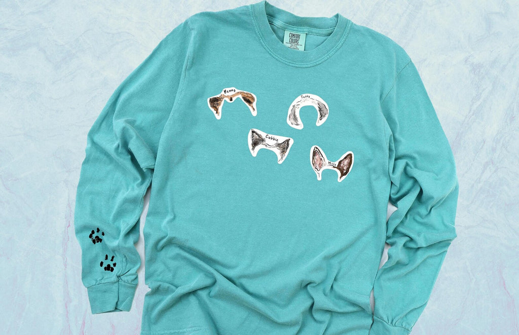 Comfort Colors Custom Pets Ears Faux Sticker Style Unisex Long Sleeve T-Shirt in Aqua