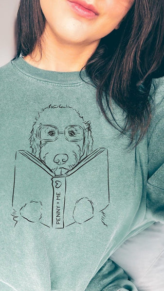 Comfort Colors Custom Pet Portrait with Book Unisex Long Sleeve T-Shirt Blue Spruce