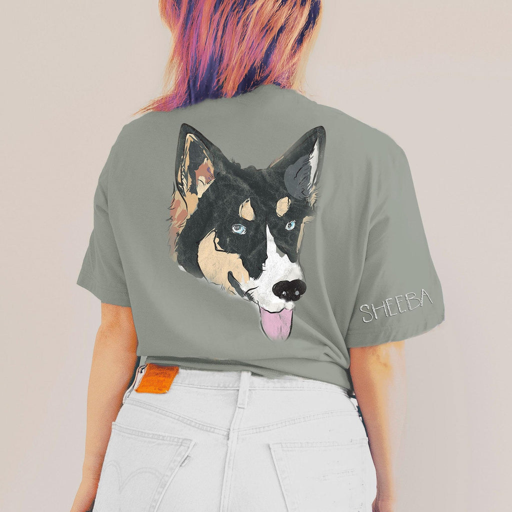 Now in Color! - Comfort Colors Custom Full Face Pet Portrait Unisex Front Back T-Shirt in Sage Green