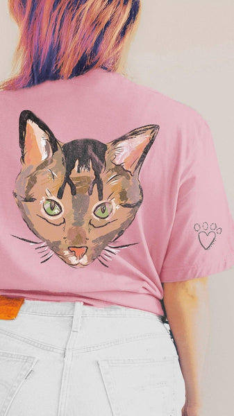 Now in Color! - Comfort Colors Custom Full Face Pet Portrait Unisex Front Back T-Shirt in Blossom Pink with Personalized Cat Art