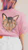 Now in Color! - Comfort Colors Custom Full Face Pet Portrait Unisex Front Back T-Shirt in Blossom Pink with Personalized Cat Art