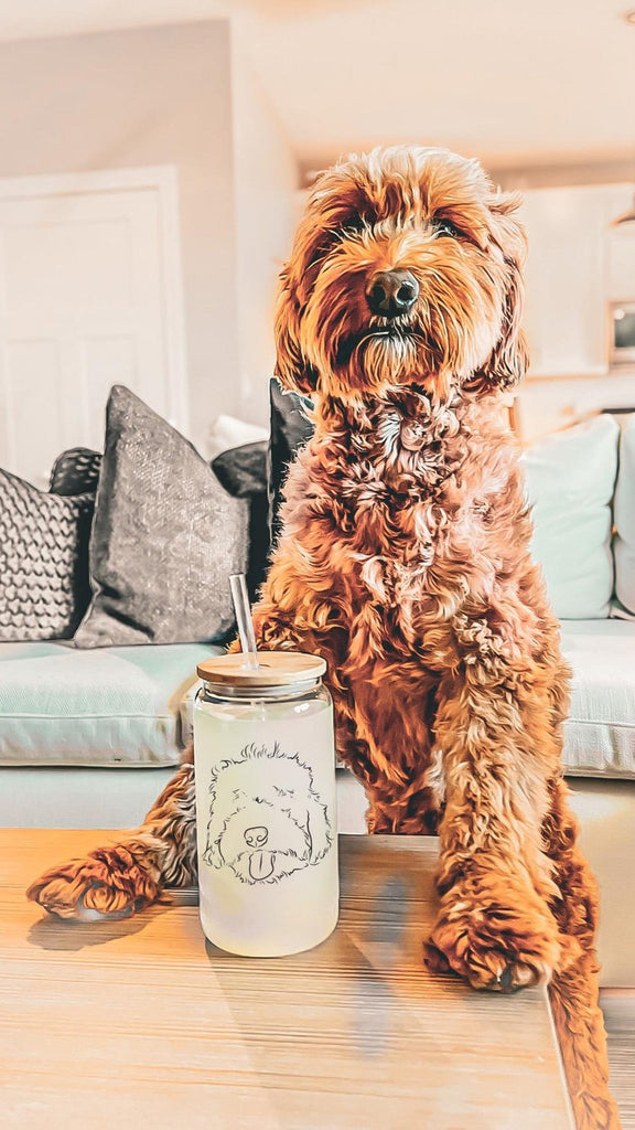 Custom Full Face Minimalist Pet Portrait Beer Can Cup with Goldendoodle Modeling