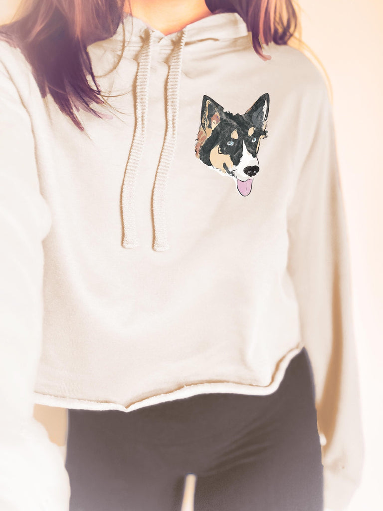 Custom Dog, Cat, or Other Pet's Color Portrait Cropped Hoodie or Crewneck Sweatshirt in Sand