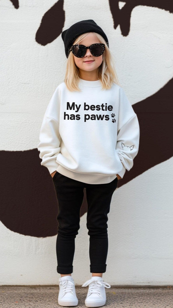 Pick a Style Toddler OR Youth Kid's My Bestie Has Paws with Pet Ears on Sleeve Sweatshirt in White