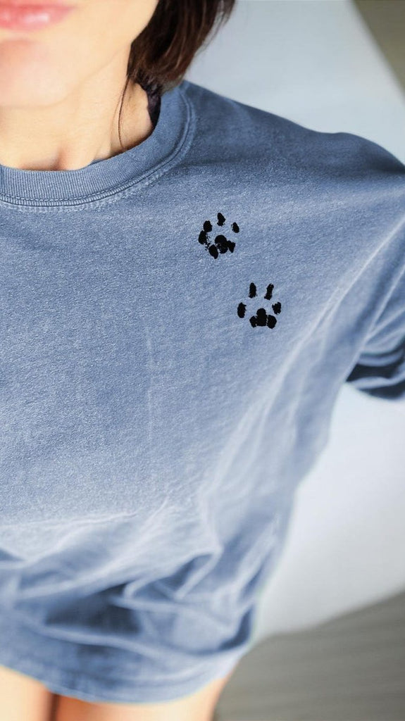 Custom Dog, Cat, or Other Pet Paw Prints Long Sleeve T-Shirt in Denim Blue