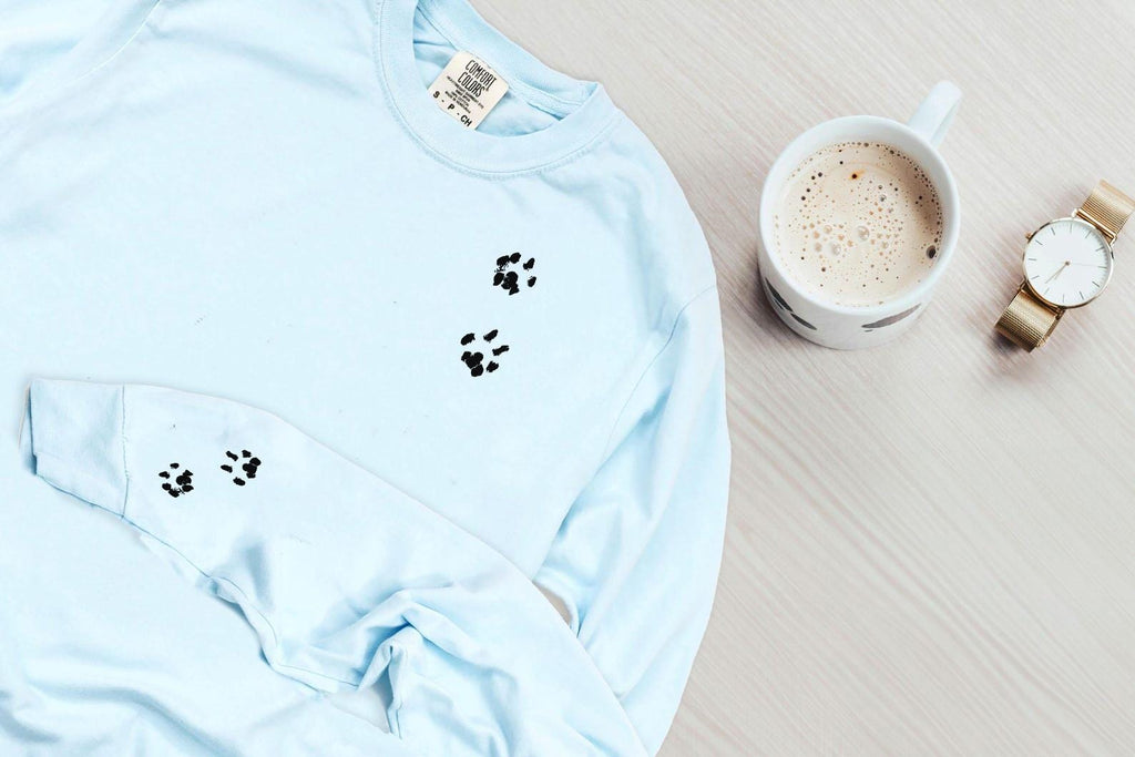 Custom Dog, Cat, or Other Pet Paw Prints Long Sleeve T-Shirt in Chambray