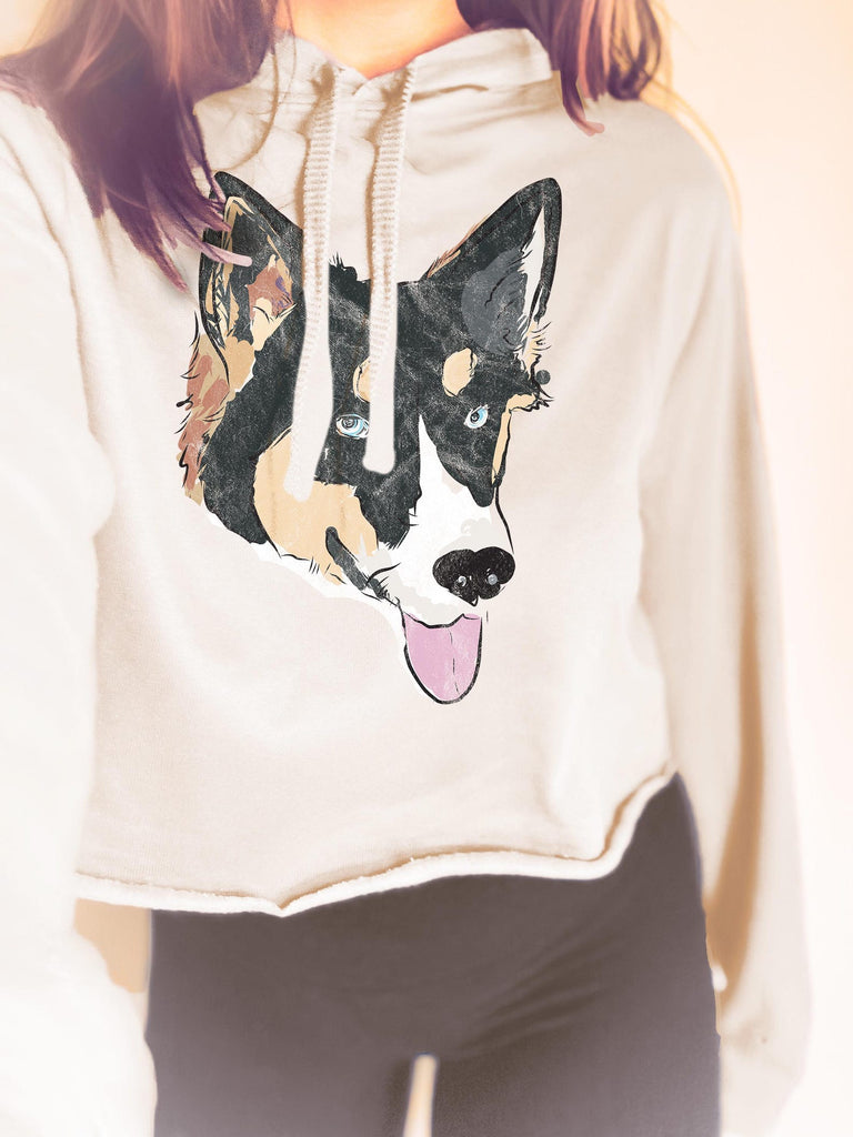 Custom Dog, Cat, or Other Pet's Color Portrait Cropped Hoodie or Crewneck Sweatshirt in Light Tan with Full Sized Design