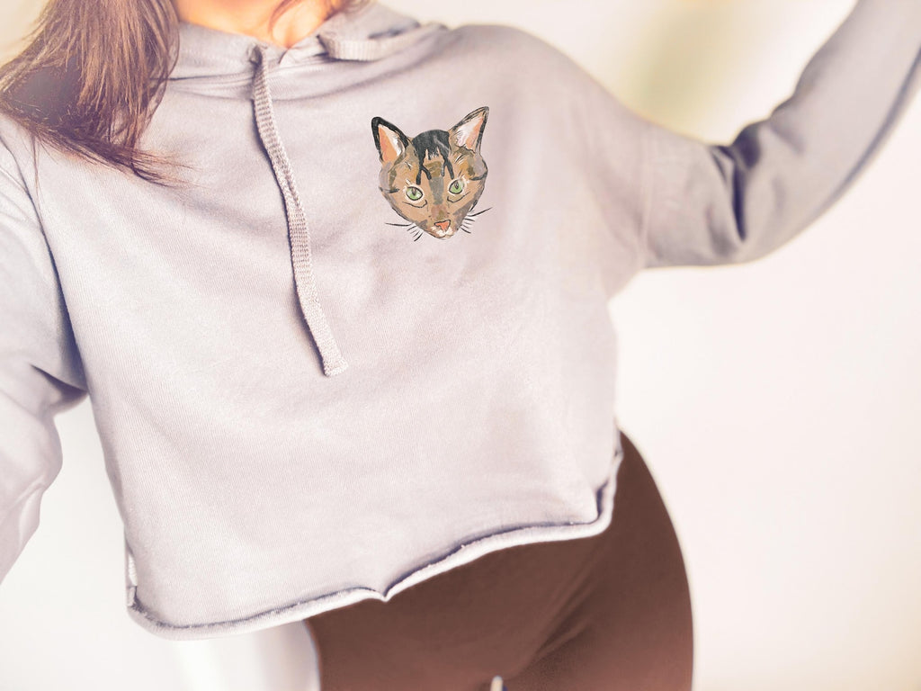 Custom Dog, Cat, or Other Pet's Color Portrait Cropped Hoodie or Crewneck Sweatshirt in Storm Gray